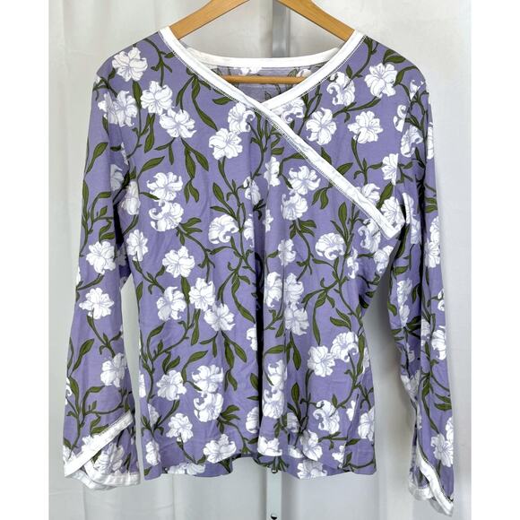 GARNET HILL Asian Wrap Organic Cotton Pajamas Set Long Sleeve Top Pants Purple S - Picture 2 of 12